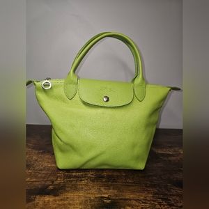 Longchamp Le Pliage EUC Chartreuse Neon Green Pebbled Leather Top Handle Bag